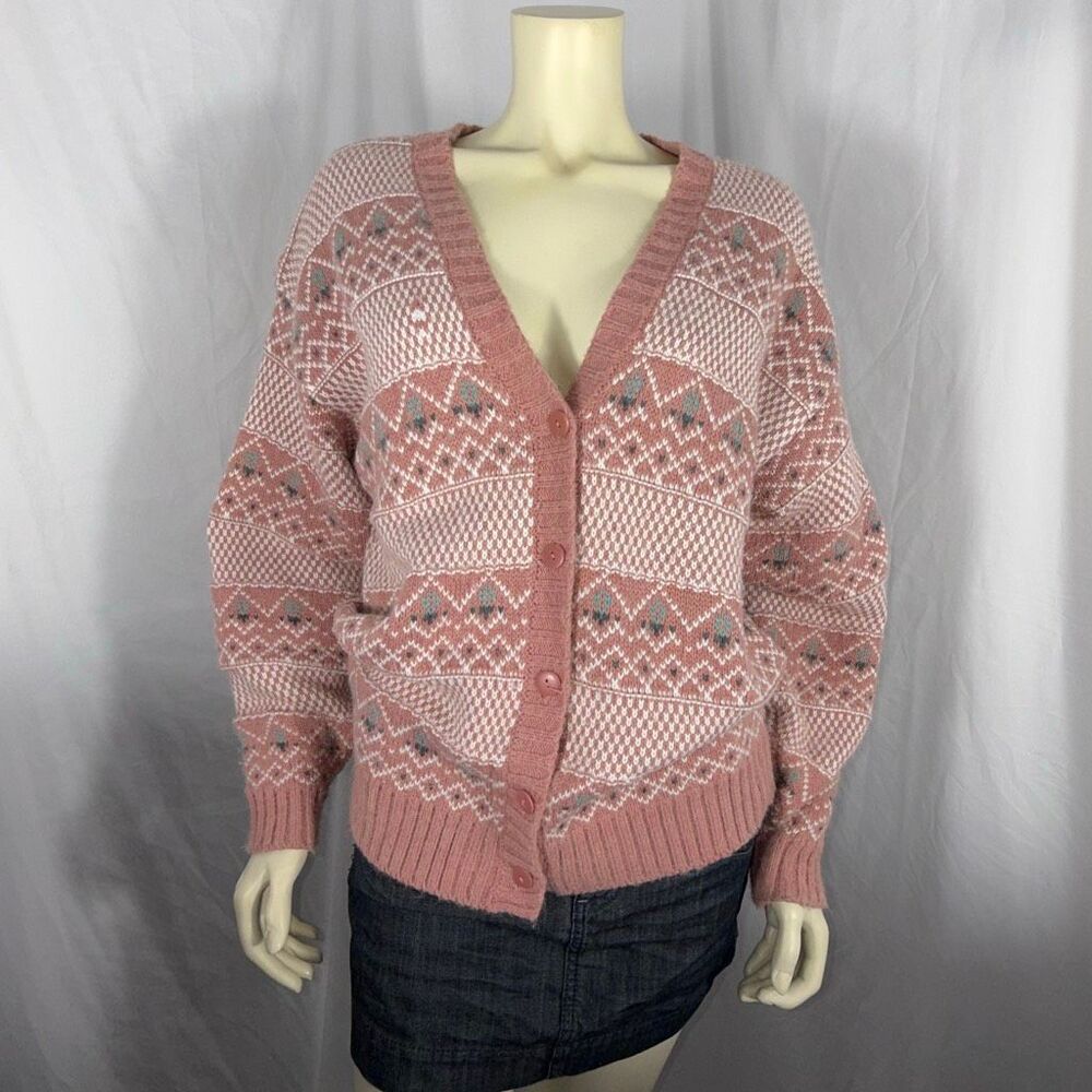 Vintage Gina‎ Peters Knit Cardigan Sweater Pink Fair Isle Geometric Knit Made in